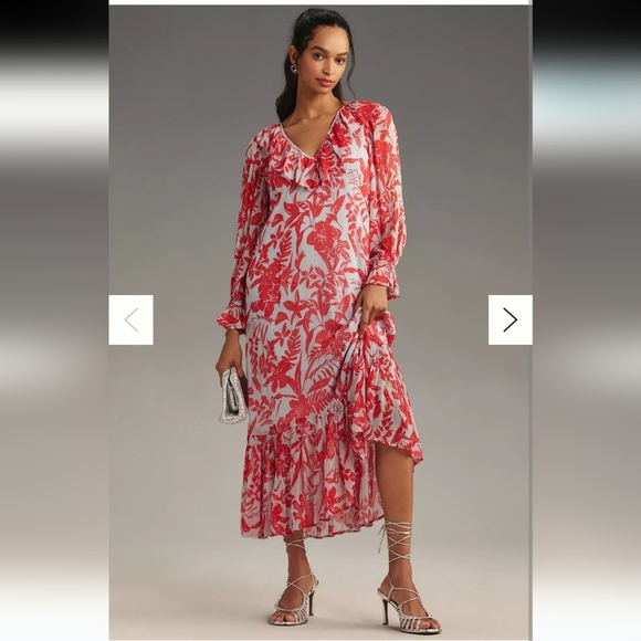 NWT By Anthropologie Long-Sleeve V-Neck Chiffon Ruffle Midi Dress Sz Small - Picture 1 of 12
